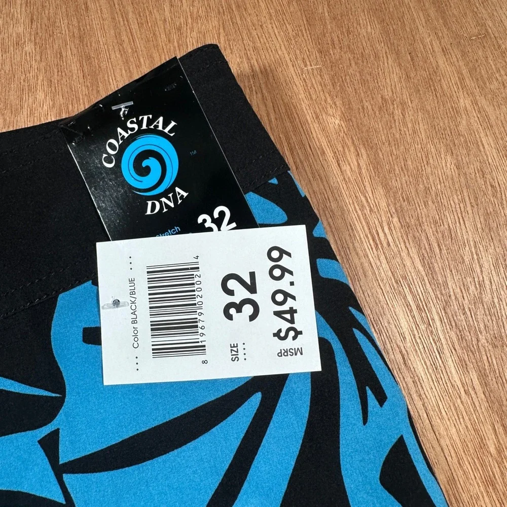 Coastal DNA Board Shorts Mens 32 Black Blue Tropical Palm Leaf 4-Way Stretch